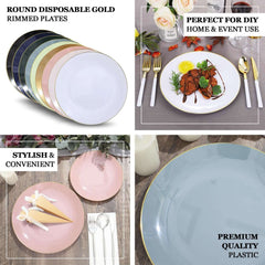 10-Pack Plastic 10" Round Dinner Plates in Dusty Blue with Gold Rim - Glossy Disposable Party Plates