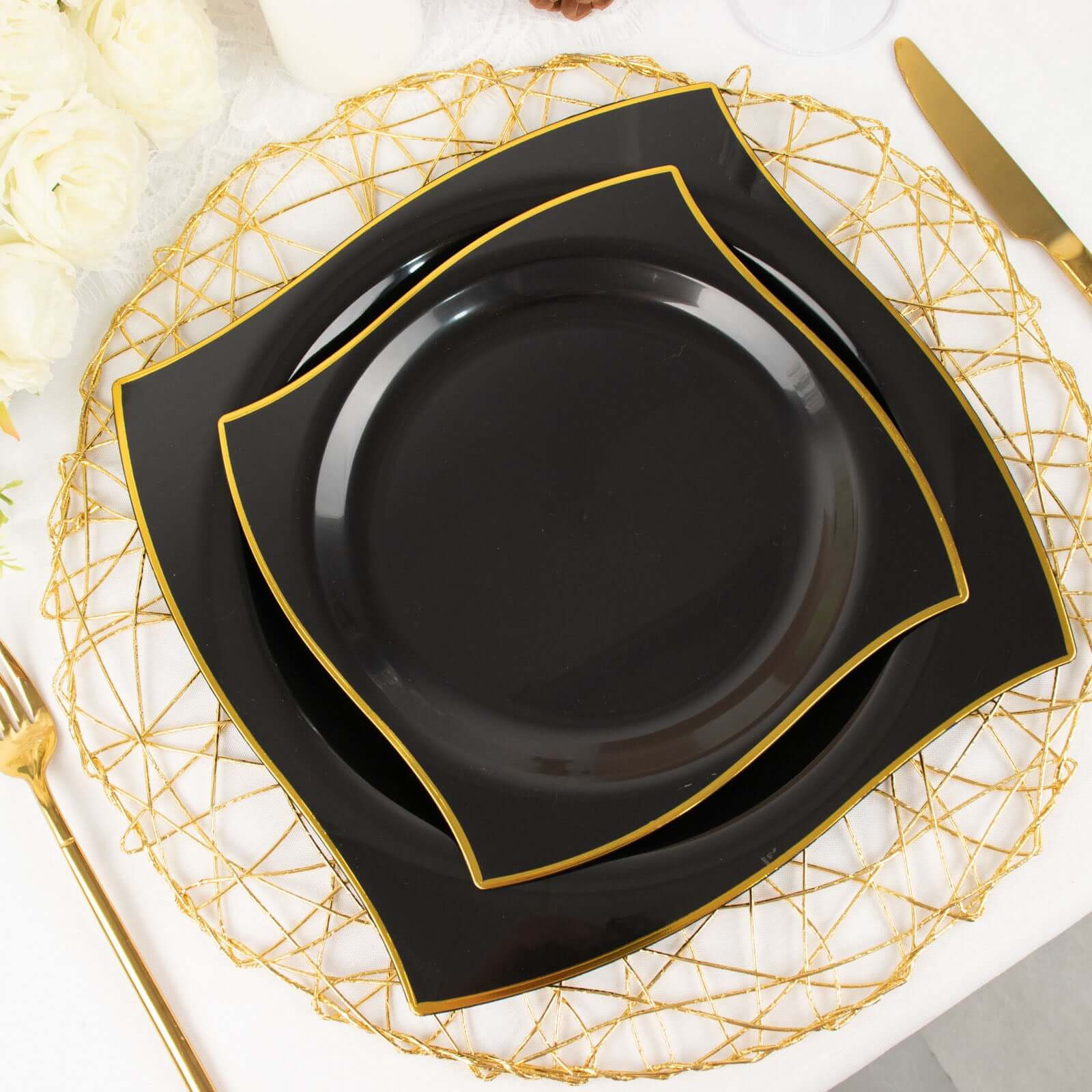 10-Pack Plastic 10" Square Dinner Plates in Black with Gold Wavy Rim Modern - Disposable Party Plates