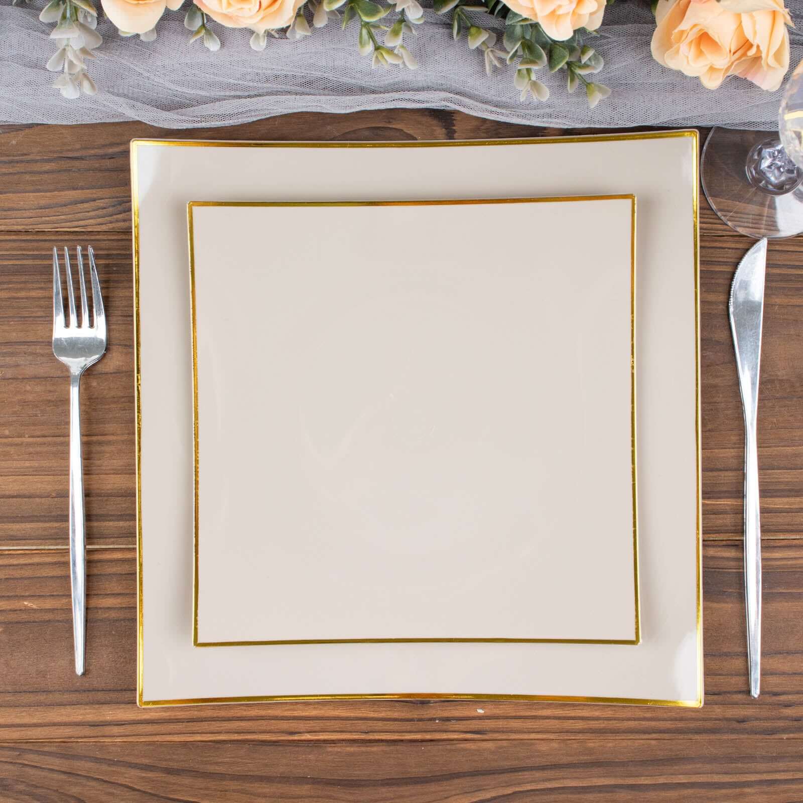 10-Pack Plastic 8" Square Dessert Plates in Taupe Concave Style with Gold Rim - Modern Disposable Salad Appetizer Party Plates