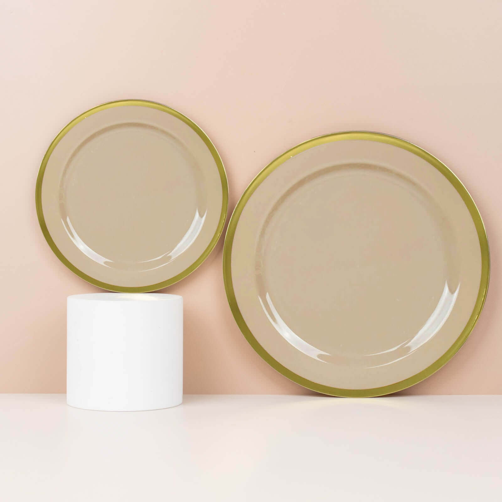 10-Pack Plastic 7" Round Appetizer Plates in Taupe with Gold Rim - Sleek Disposable Salad Plates for Banquets & Special Occasions