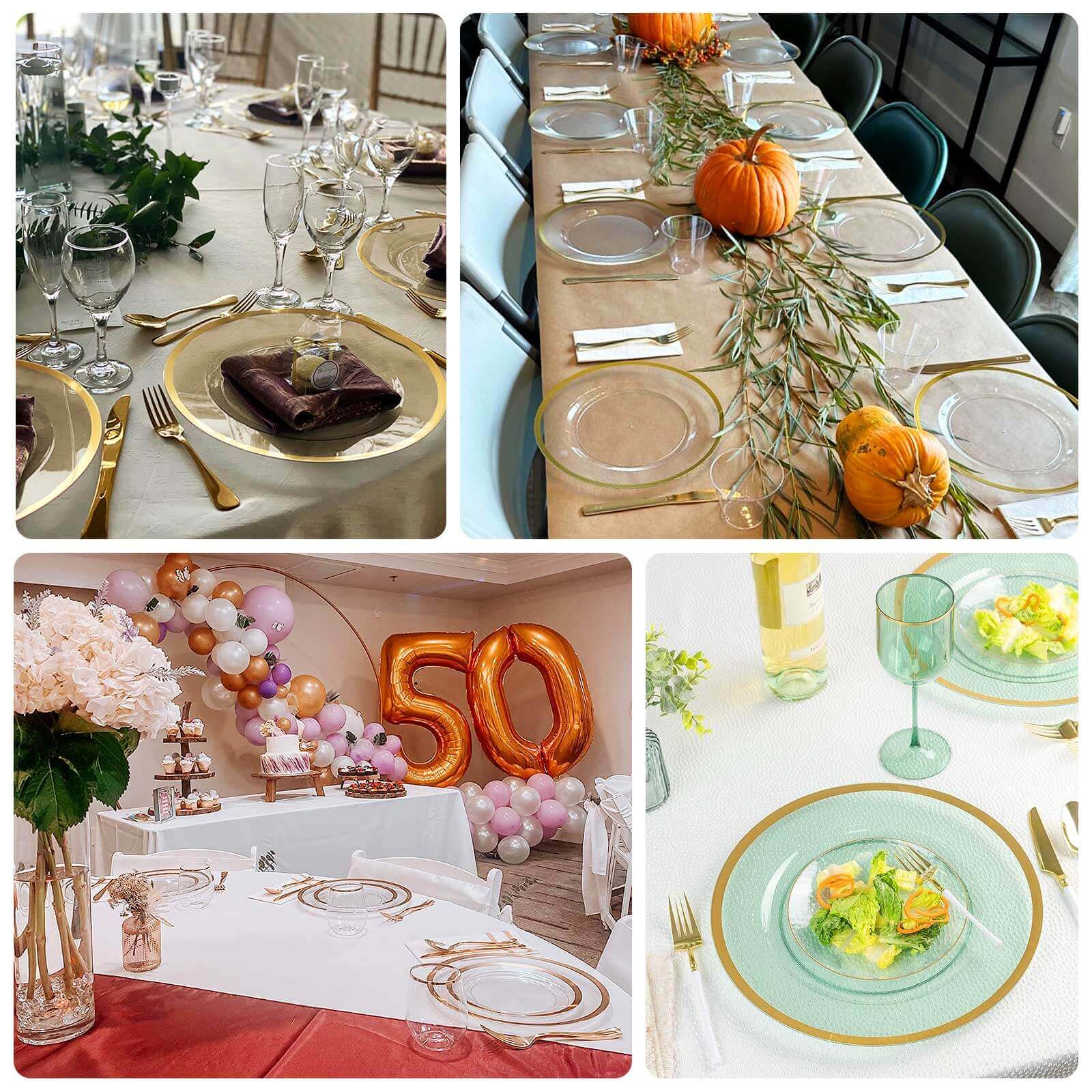 10 Pack Taupe Economy Plastic Charger Plates With Gold Rim, 12" Round Dinner Chargers Event Tabletop Decor