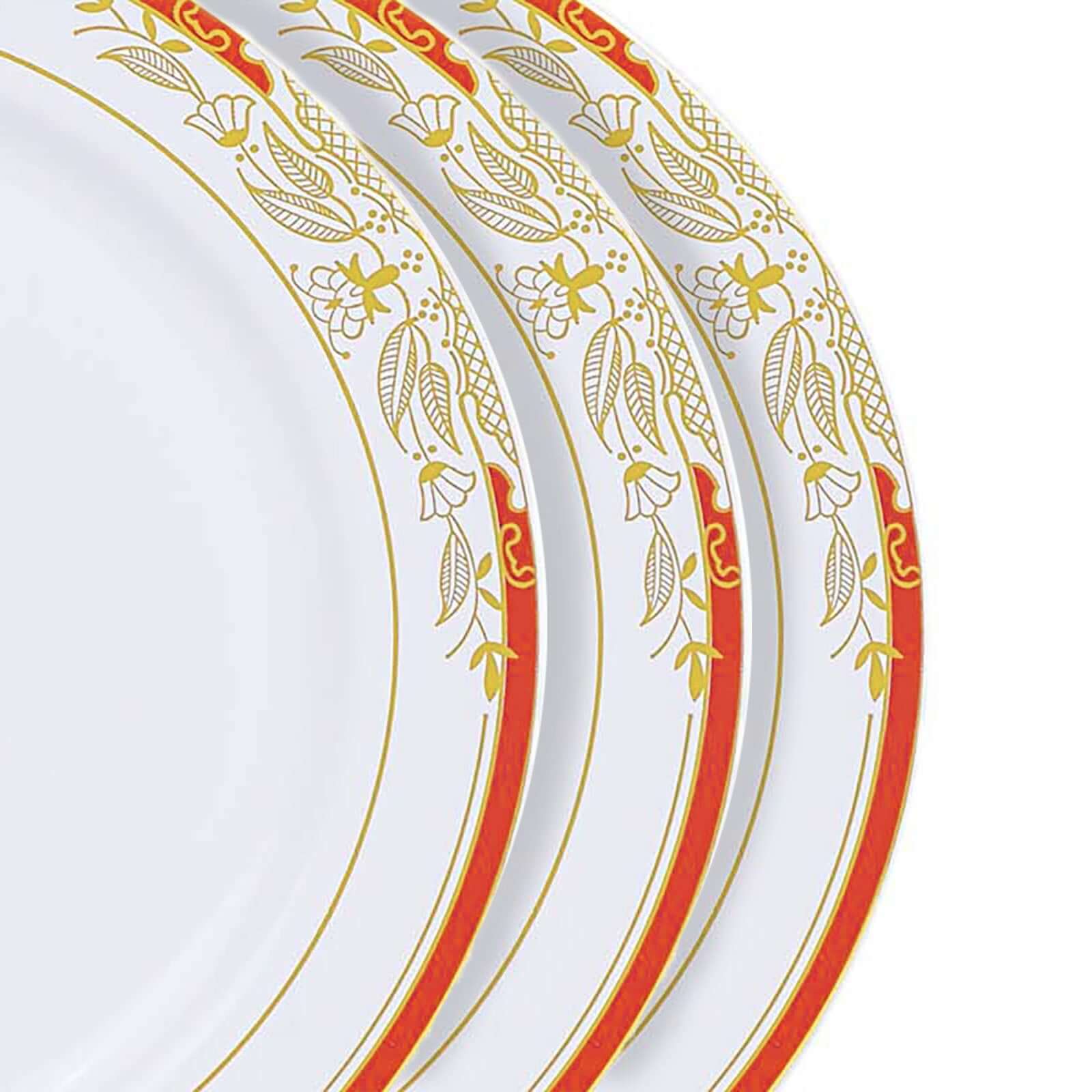 10-Pack Plastic 8" Round Dessert Plates in White with Red Rim - Stylish Gold Vine Design Disposable Salad/Appetizer Plates for Special Occasions & Celebrations