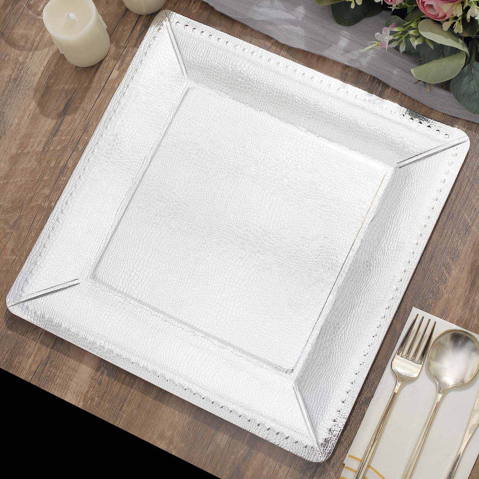 10-Pack Disposable Square Charger Plates in Silver with Leather Like Texture - 1100GSM Durable Paper Chargers 13"