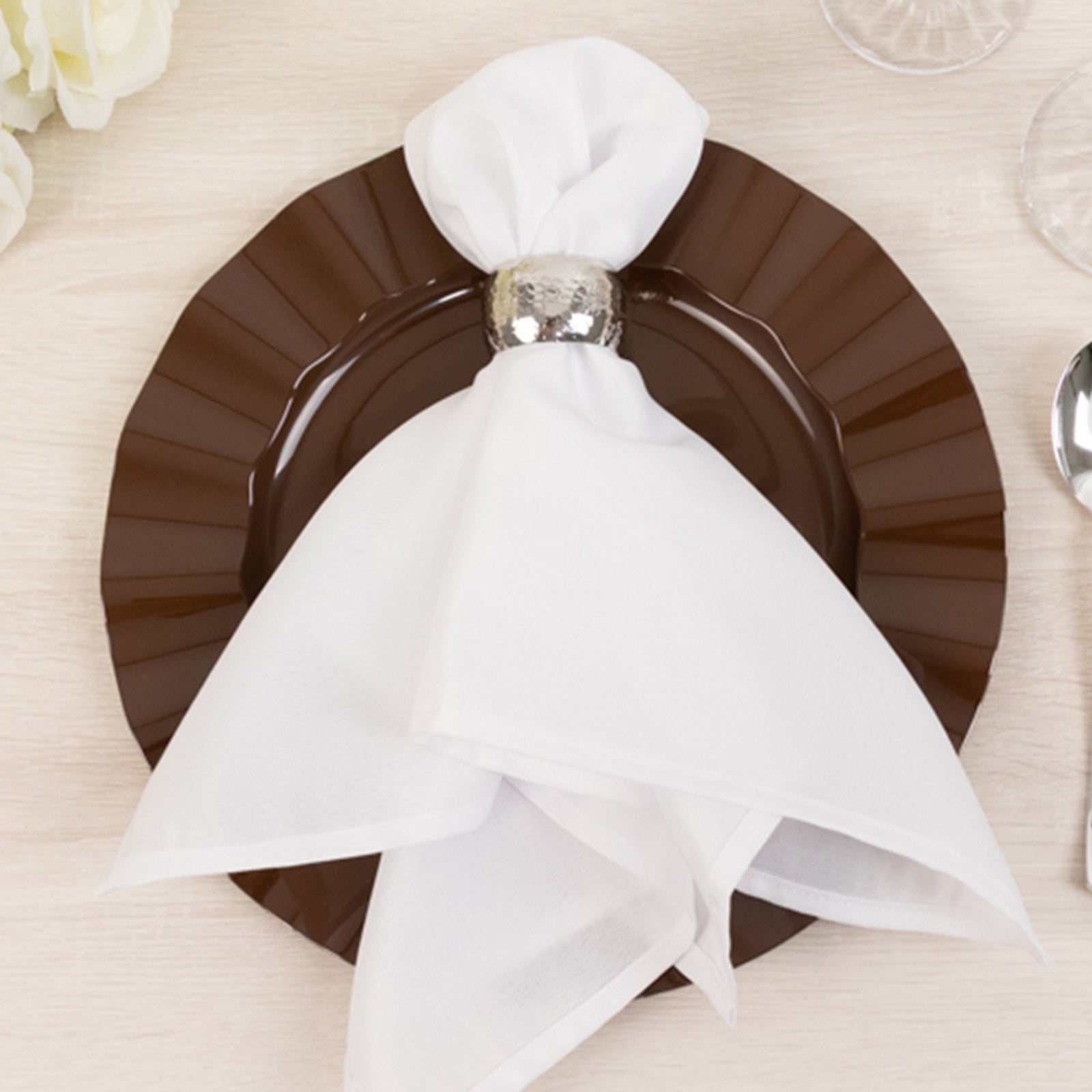 10-Pack Plastic 11" Round Dinner Plates in Cinnamon Brown Ruffled Rim with Gold Edging - Sturdy Disposable Dinnerware