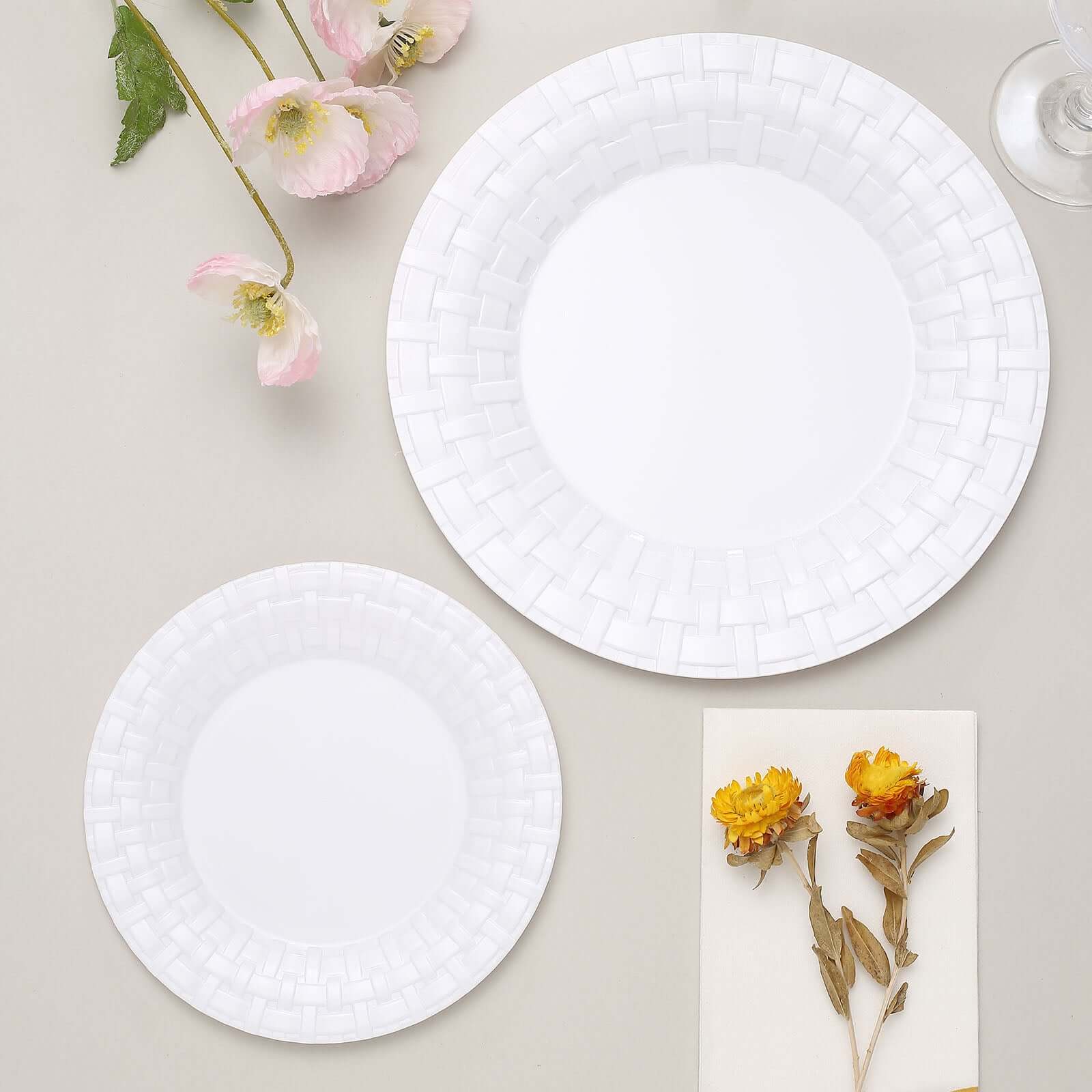 10 Pack 7" White Basketweave Rim Plastic Salad Dessert Plates, Round Disposable Appetizer Plates