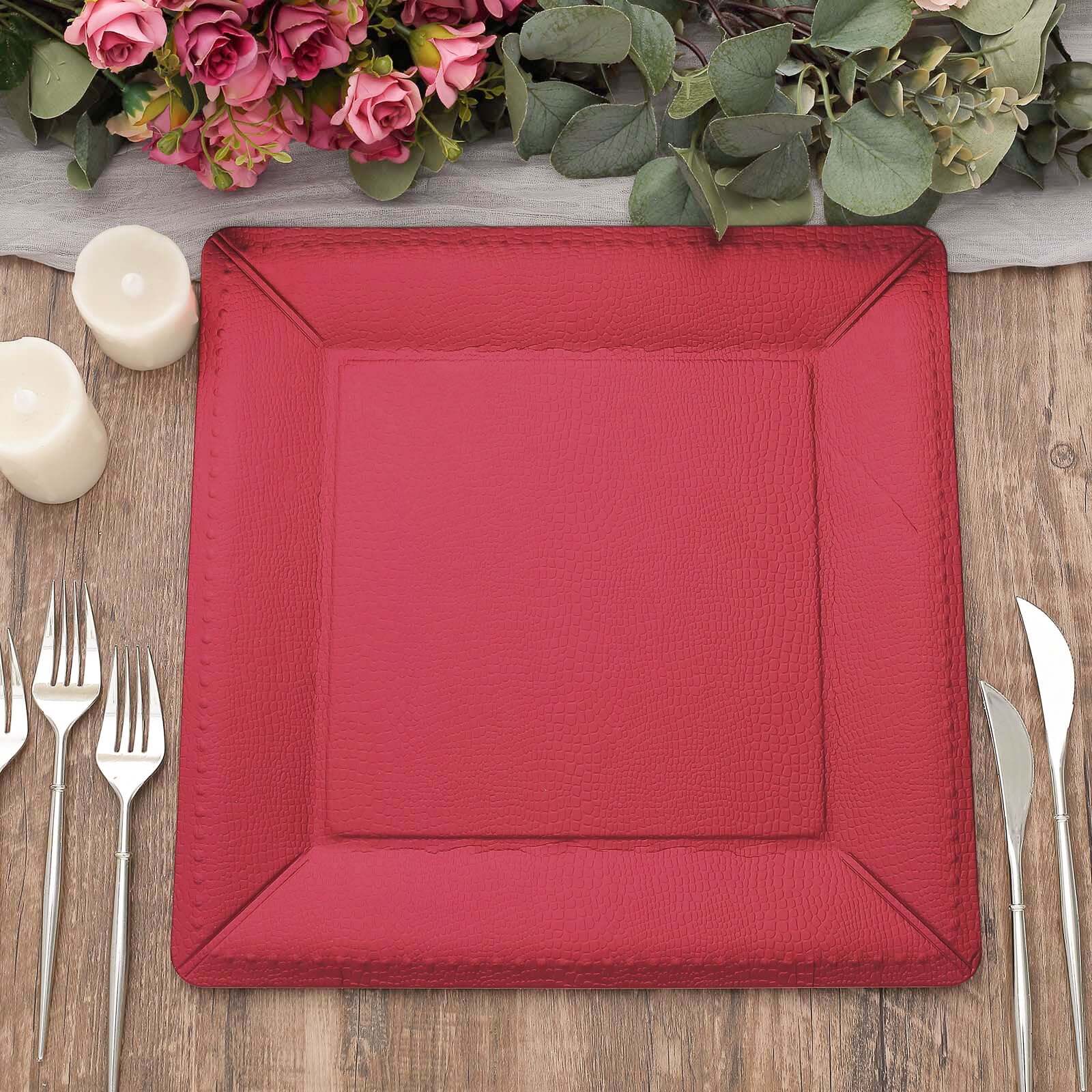 10-Pack Disposable Square Charger Plates in Burgundy with Leather Like Texture - 1100GSM Durable Paper Chargers 13"