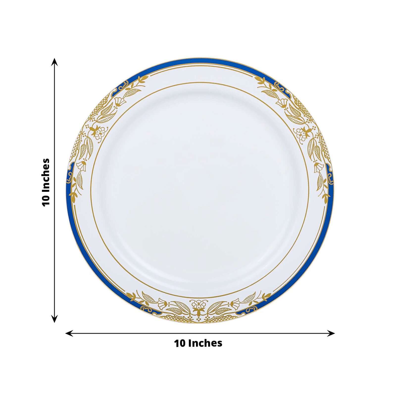 10-Pack Plastic 10" Round Dinner Plates in White with Royal Blue Rim - Stylish Gold Vine Design Disposable Party Plates for Special Occasions & Celebrations