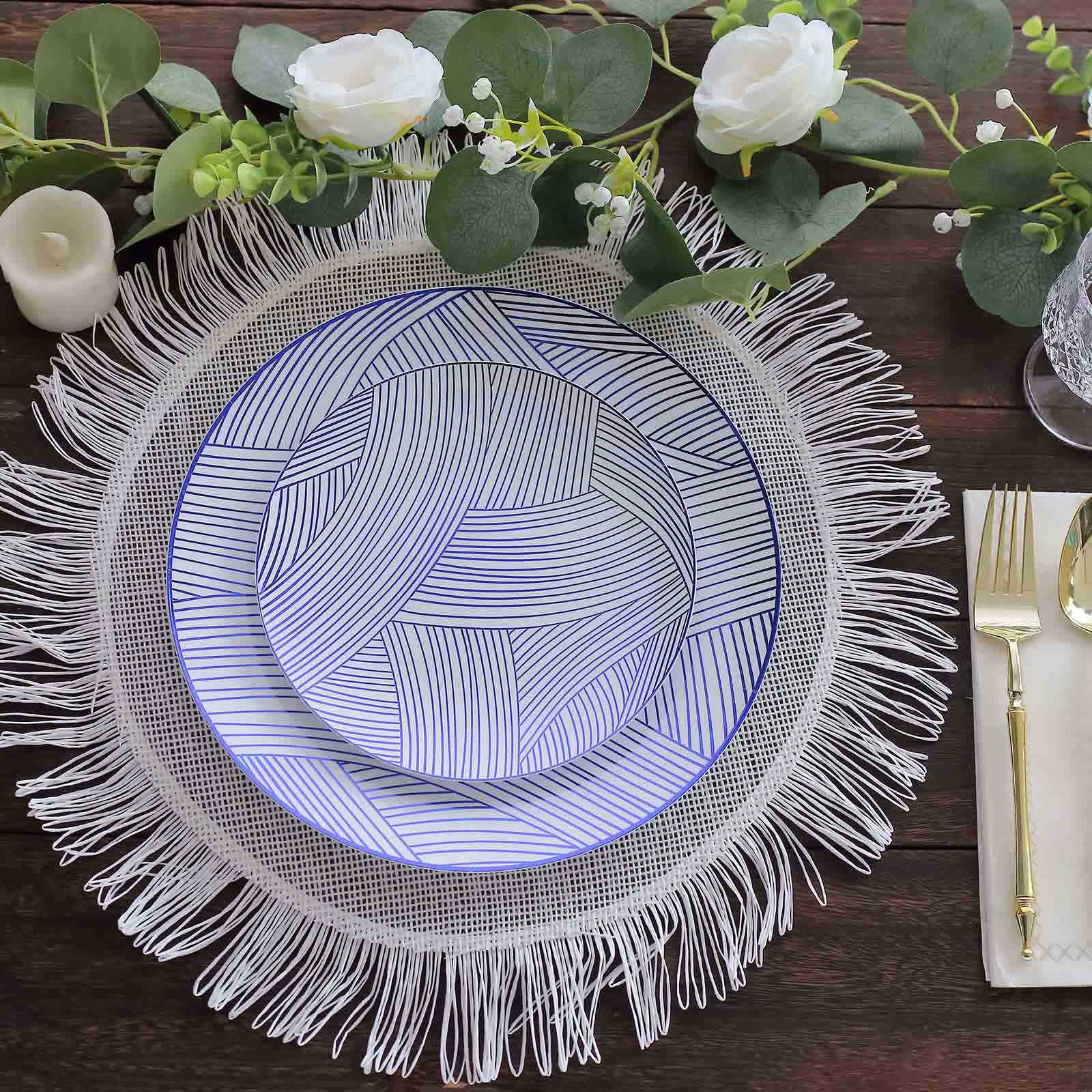 10-Pack Plastic 7" Round Dessert Plates in White with Blue Wave Brush Strokes Pattern - Disposable Appetizer Salad Plates