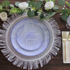 10-Pack Plastic 7" Round Dessert Plates in White with Blue Wave Brush Strokes Pattern - Disposable Appetizer Salad Plates
