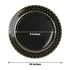 10-Pack Plastic 10" Round Dinner Plates in Black with Gold 3D Polka Dotted Rim - Sturdy Disposable Party Plates for Modern Themed Events & Banquets