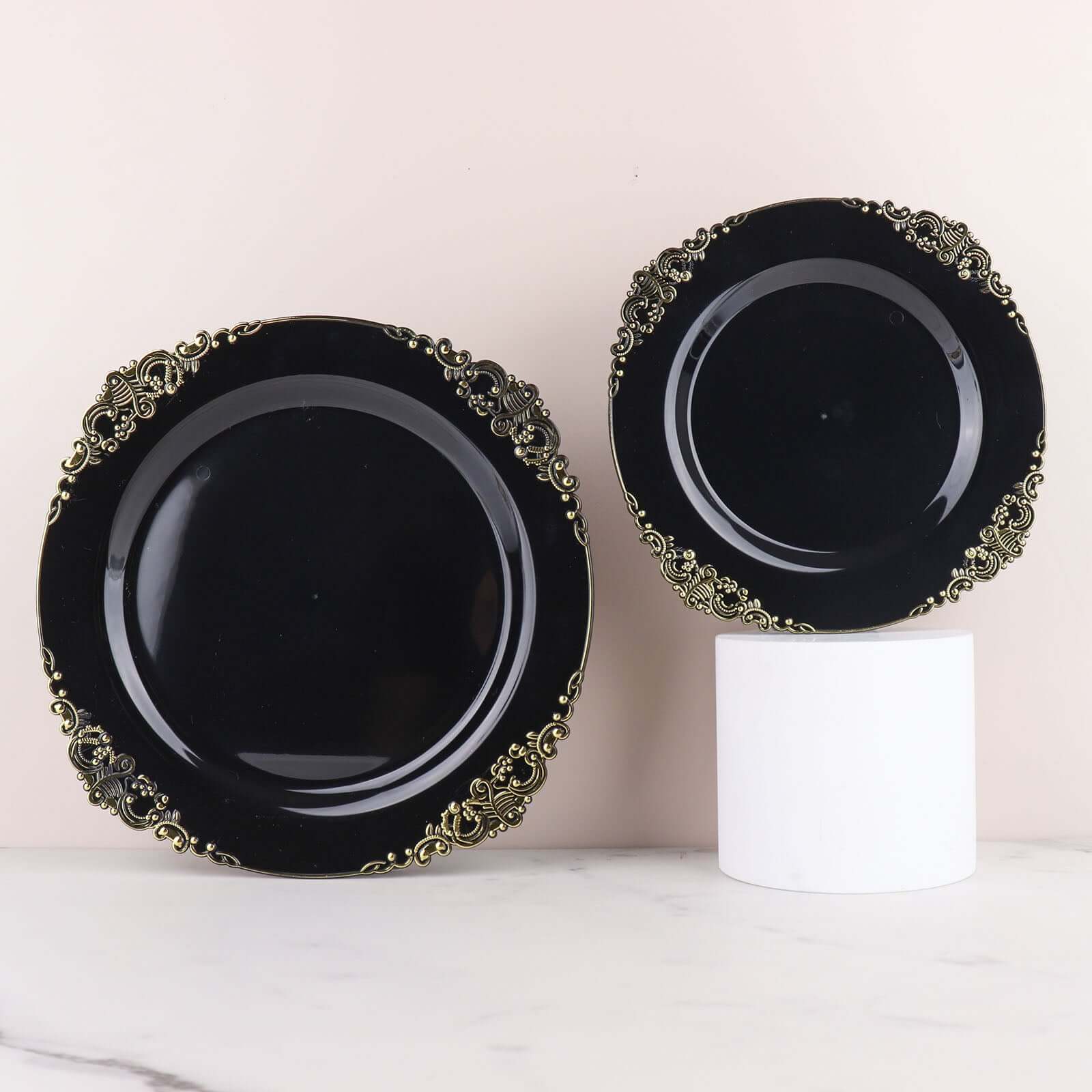 10-Pack Plastic 10" Round Dinner Plates in Black with Gold Leaf Embossed Rim - Disposable Vintage Baroque Style Plates for Luxurious Gatherings & Events