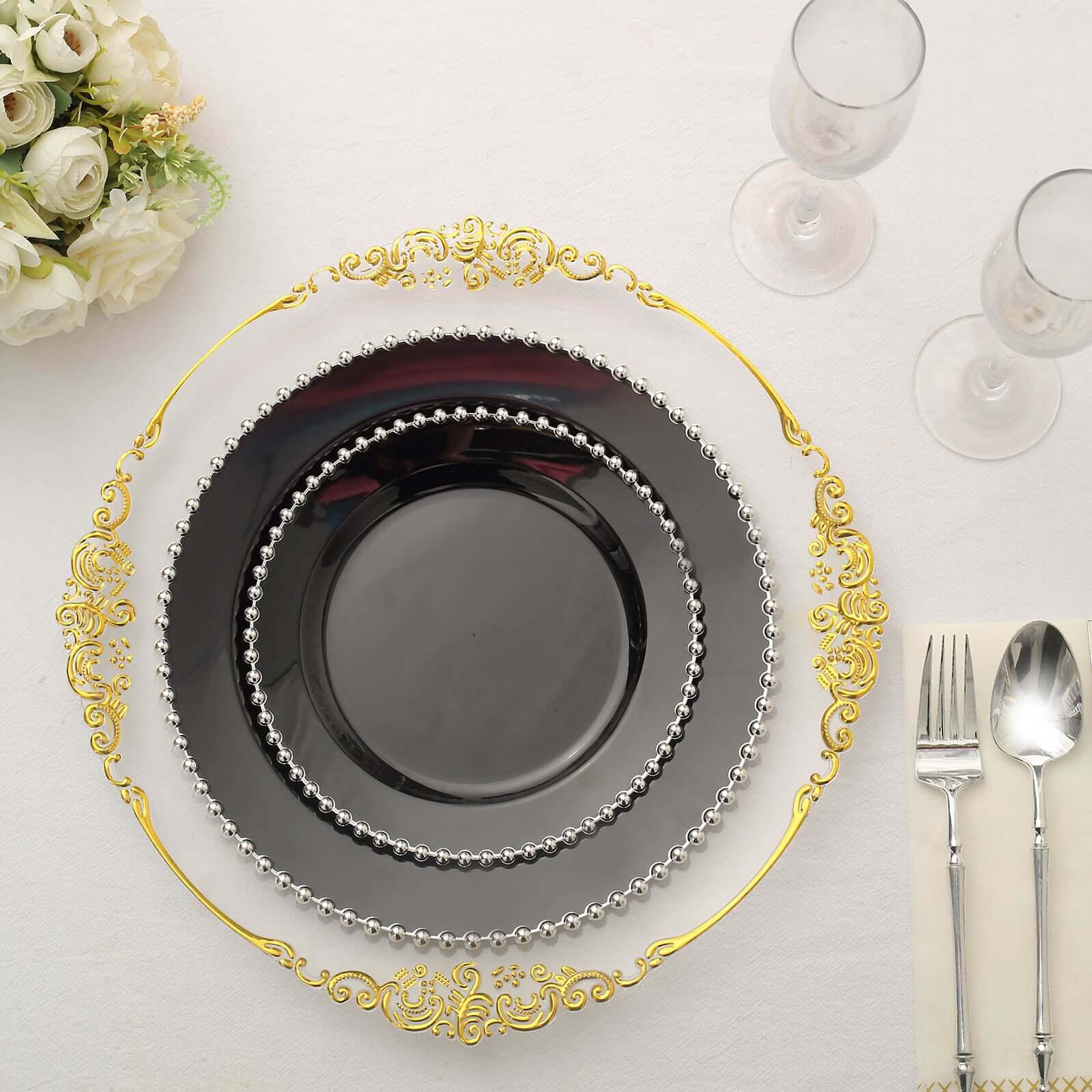 10-Pack Plastic 10" Round Dinner Plates in Black with Silver Beaded Rim - Disposable Party Plates for Banquets & Festive Occasions