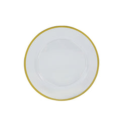 10-Pack Economy Plastic Round Charger Plates 12" in Clear with Wide Gold Rim, Decorative Dinner Party Serving Plates