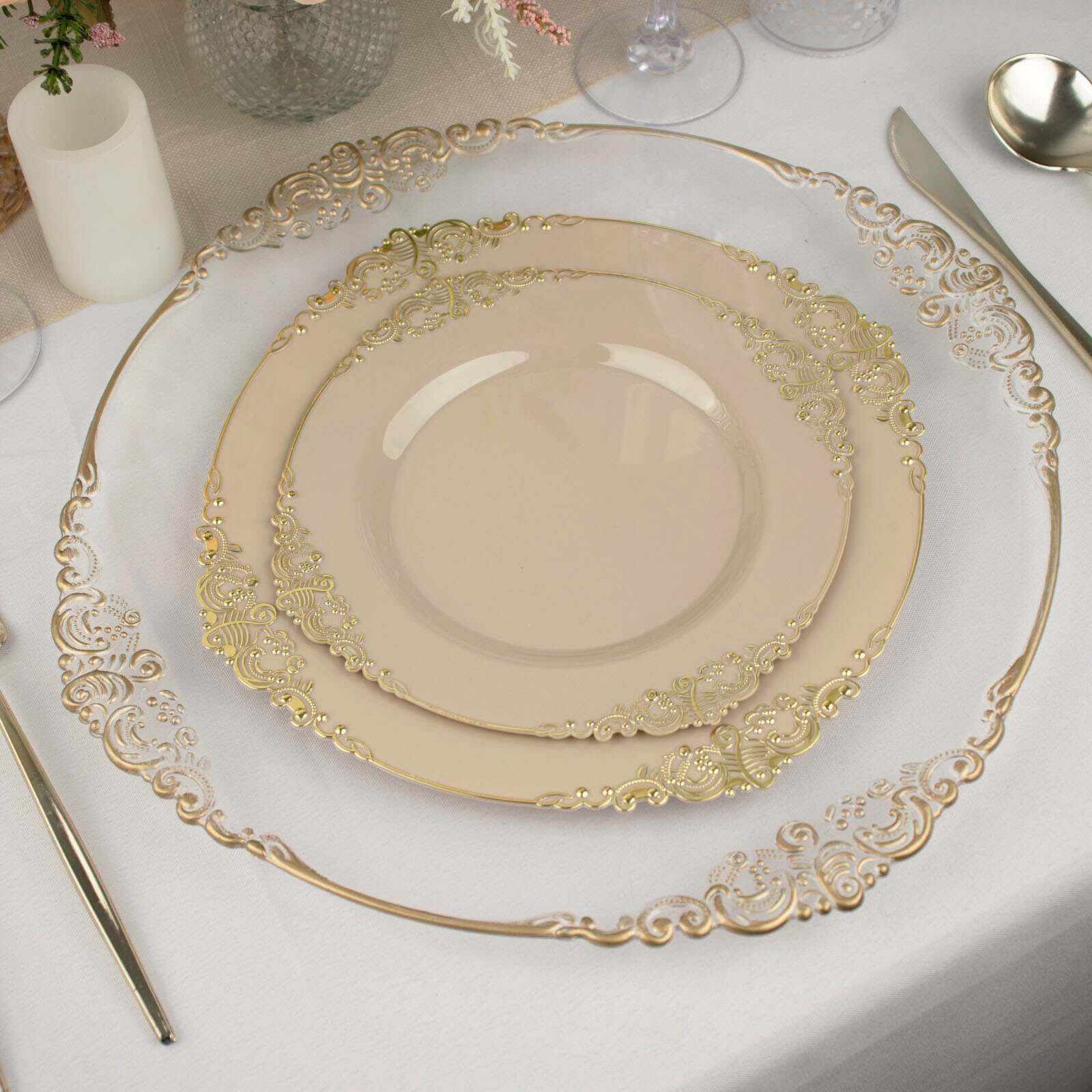 10-Pack Plastic 8" Round Dessert Plates in Taupe with Gold Leaf Embossed Rim - Disposable Vintage Baroque Style Salad Plates