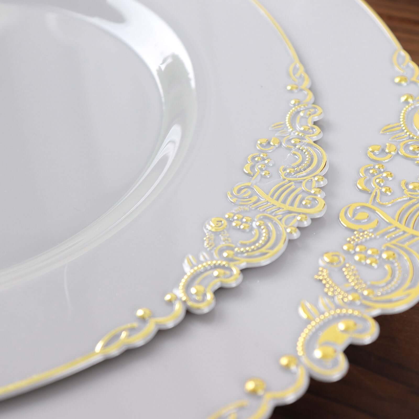 10-Pack Plastic 8" Round Dessert Plates in Gray with Gold Leaf Embossed Rim - Disposable Vintage Baroque Style Salad Plates