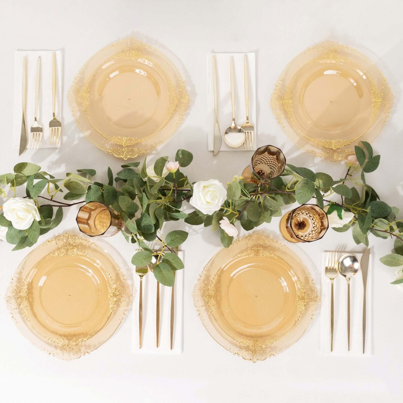 10-Pack Plastic 8" Round Dessert Plates in Transparent Amber Gold with Gold Leaf Embossed Rim - Disposable Vintage Baroque Style Salad Plates