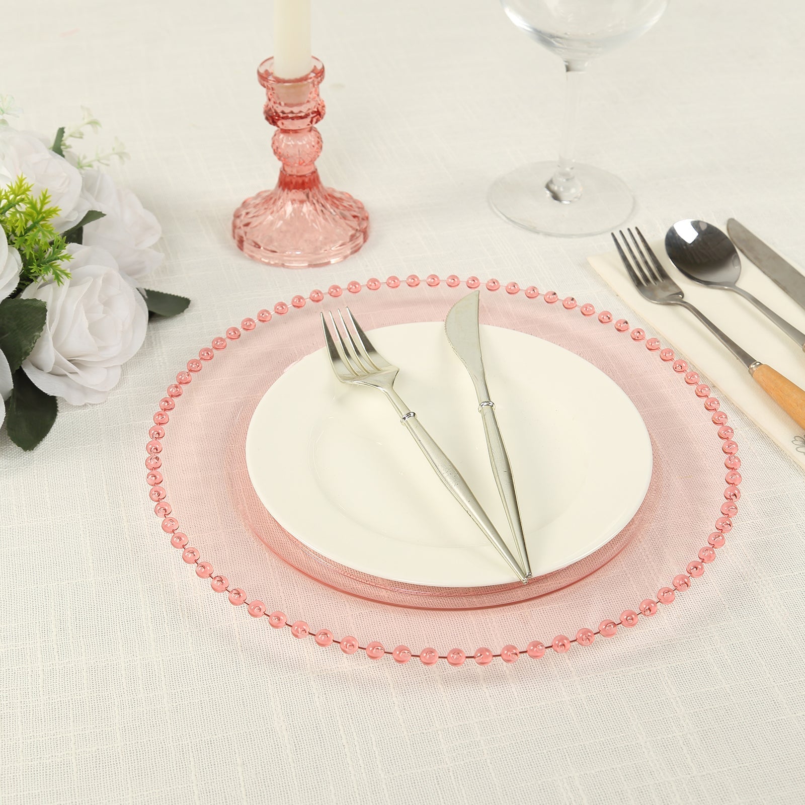 10-Pack Plastic 10" Round Dinner Plates in Transparent Blush with Beaded Rim - Disposable Party Plates for Banquets & Festive Occasions