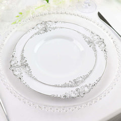 10-Pack Plastic 10" Round Dinner Plates in White with Silver Leaf Embossed Rim - Disposable Vintage Baroque Style Plates