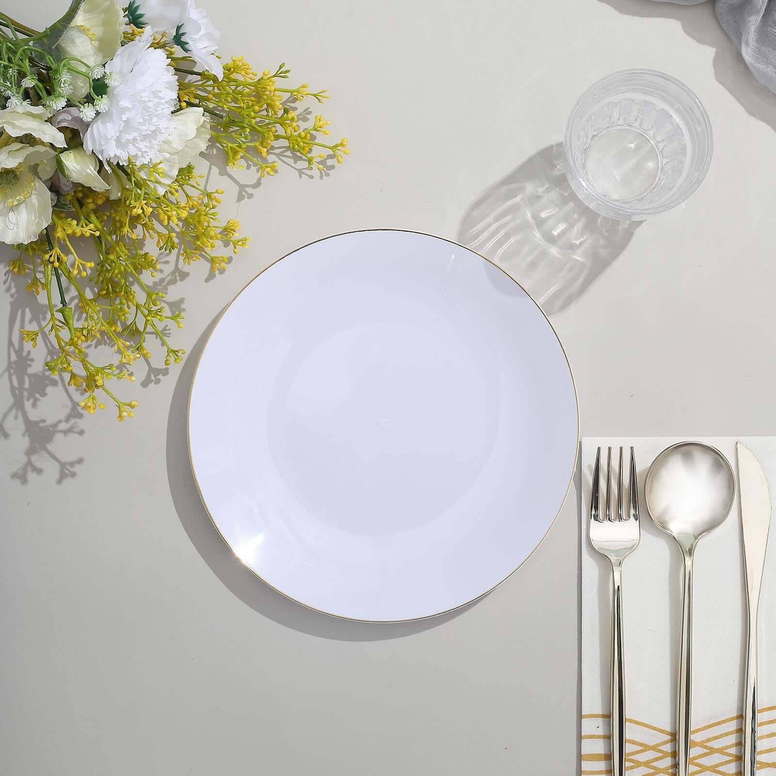 10-Pack Plastic 8" Round Dessert Plates in White with Gold Rim - Glossy Disposable Appetizer Salad Plates for Banquets & Special Occasions