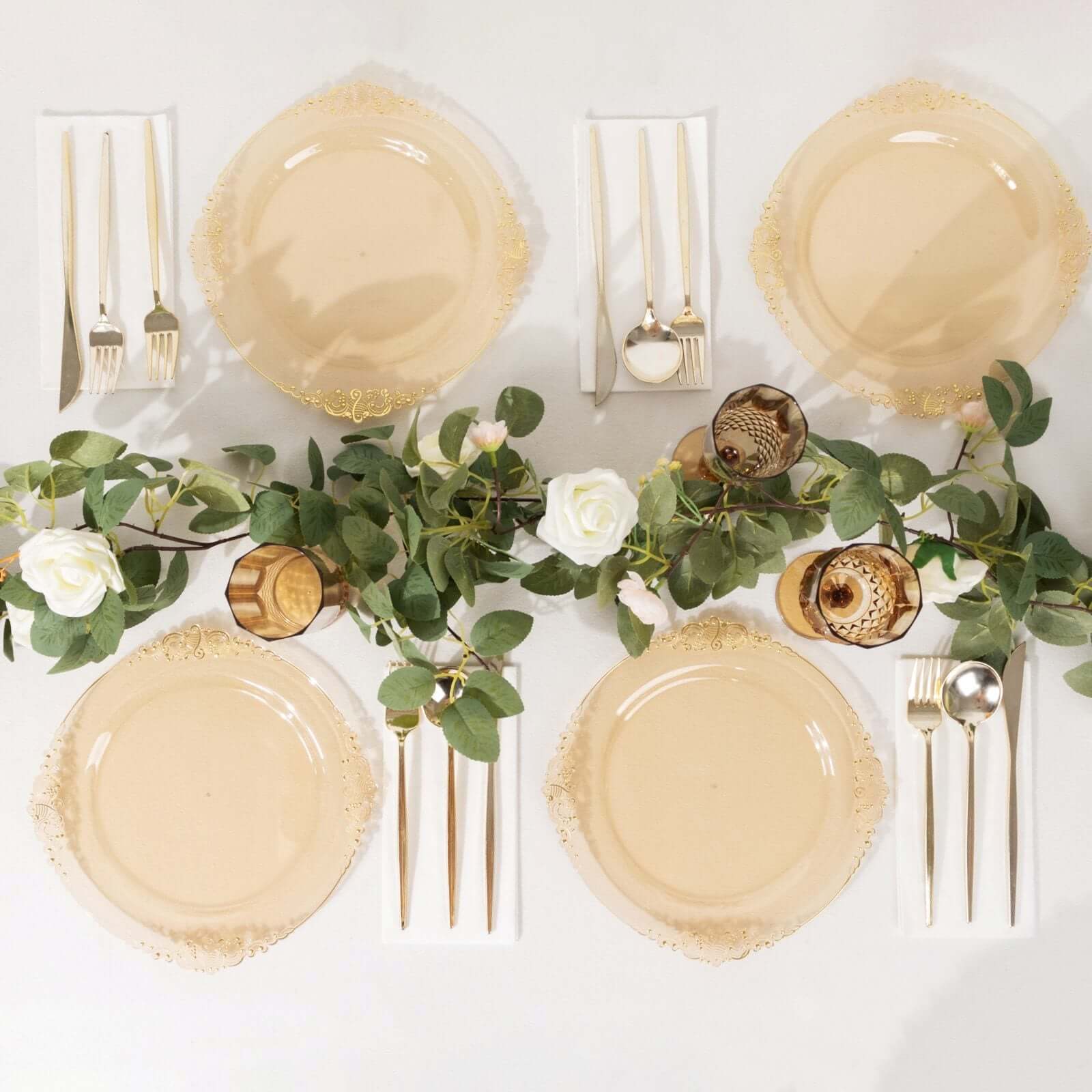 10-Pack Plastic 10" Round Dinner Plates in Transparent Amber Gold with Gold Leaf Embossed Rim - Disposable Vintage Baroque Style Plates