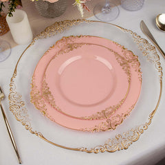 10-Pack Plastic 8" Round Dessert Plates in Dusty Rose with Gold Leaf Embossed Rim - Disposable Vintage Baroque Style Salad Plates