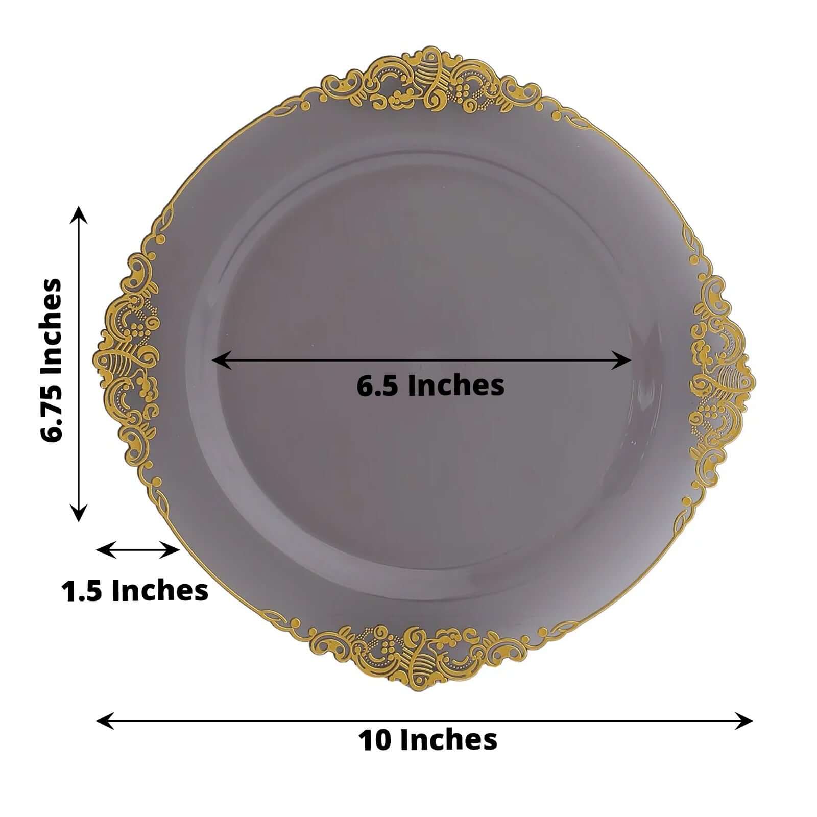 10-Pack Plastic 10" Round Dinner Plates in Transparent Black with Gold Leaf Embossed Rim - Disposable Vintage Baroque Style Plates