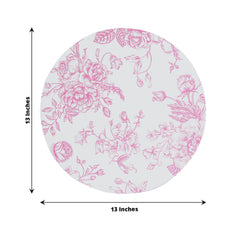 10-Pack Disposable Table Placemats in French Toile Print 13" in White/Matte Pink - Chic Floral Cardboard Placemats for Stylish Table Setting