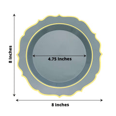 10-Pack Plastic 8" Round Dessert Plates in Dusty Blue with Gold Scalloped Rim - Disposable Appetizer/Salad Plates
