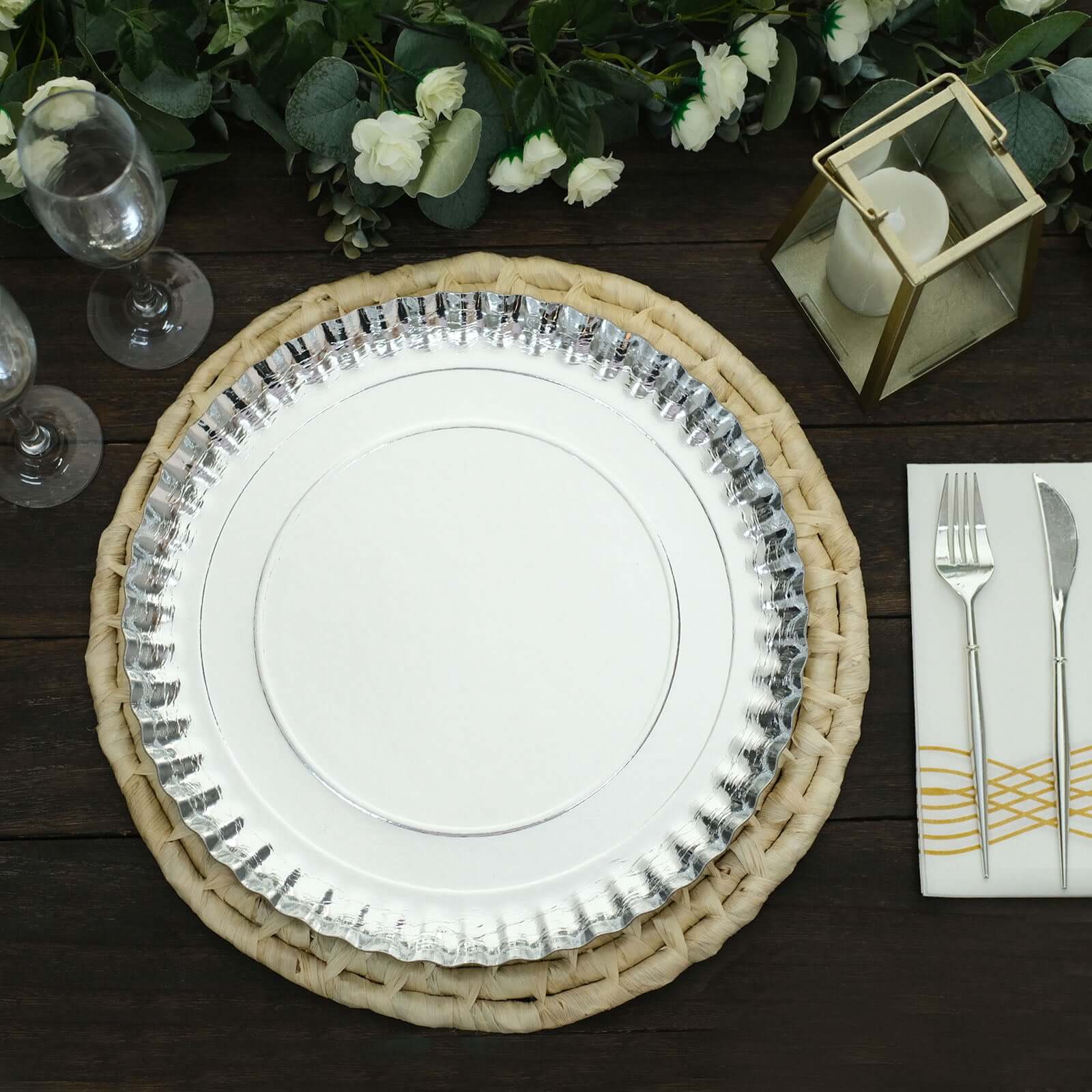 10-Pack Paper 13" Round Charger Plates in Silver with Scalloped Rims - Heavy Duty Disposable 1100GSM Serving Trays for Glam Events & Wedding Receptions