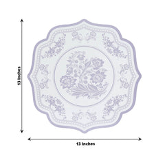 10-Pack Disposable Table Placemats 13" Round Placemats in White with Lavender Damask Floral Pattern & Scalloped Rim - 400GSM Cardboard Placemats for Stylish Table Setting