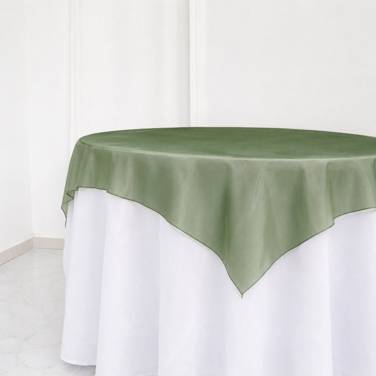 10 Pack Dusty Sage Green Organza Table Overlay 72"x72" - Sheer Table Topper