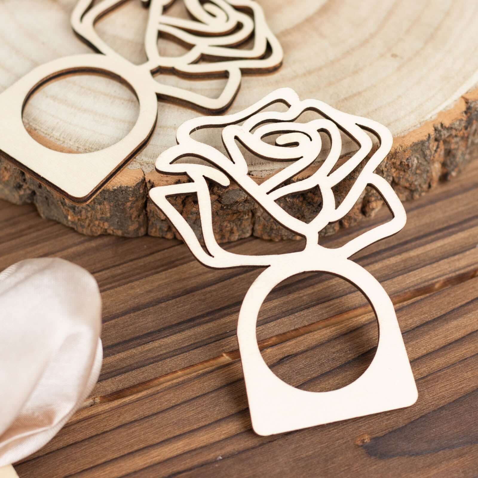 10 Pack 4" Natural Wood Laser Cut Rose Design Rustic Napkin Rings, Boho Farmhouse Napkin Holders