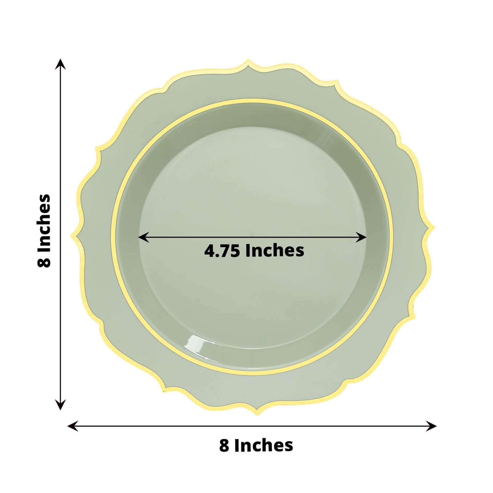 10-Pack Plastic 8" Round Dessert Plates in Sage Green with Gold Scalloped Rim - Disposable Appetizer/Salad Plates