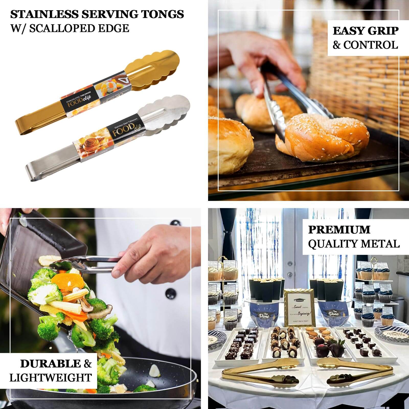 10-Pack Metal Serving Tongs Gold - Stainless Steel Food Safe Kitchen Tongs with Scalloped Gripping Edge for Indoor & Outdoor Gatherings 9.5"