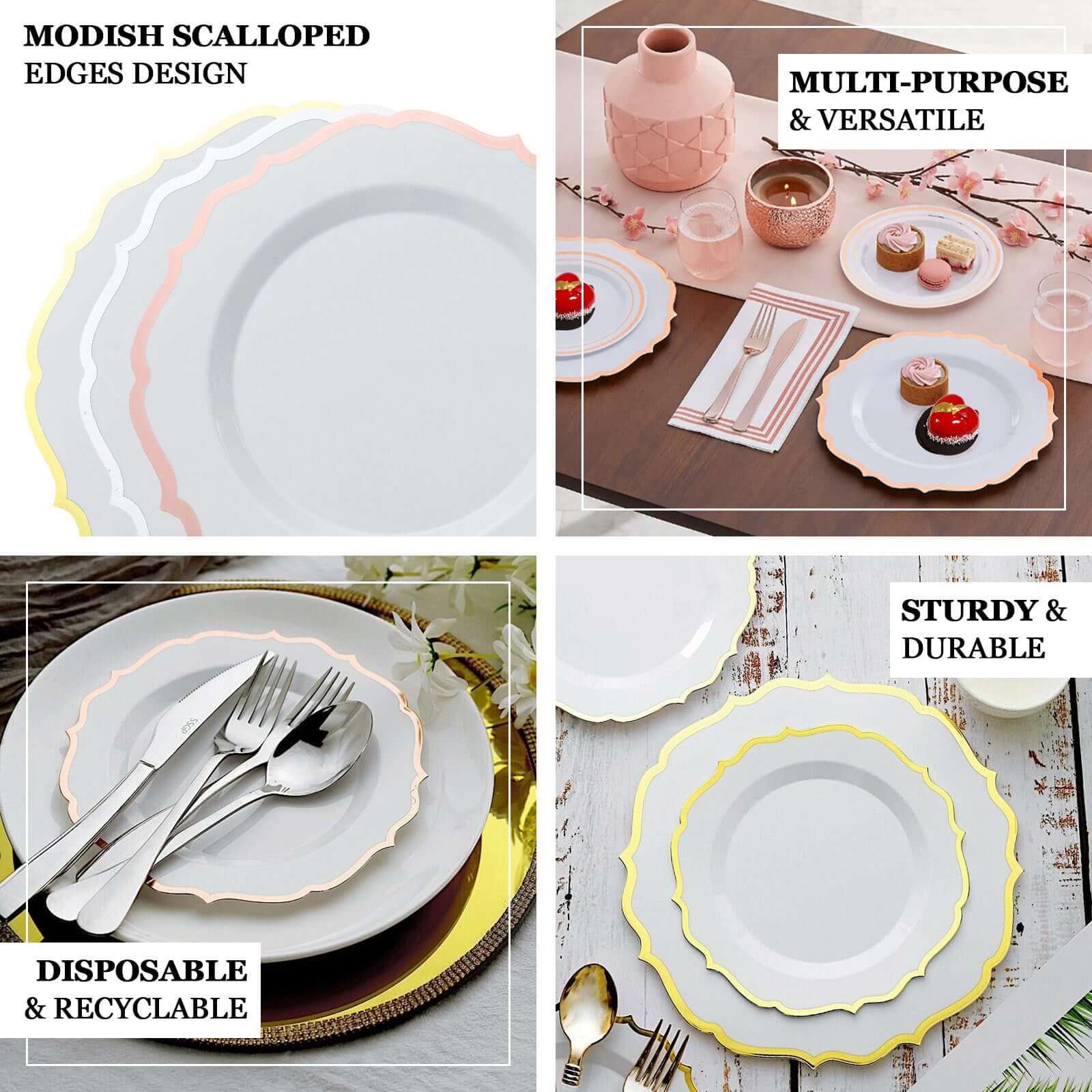 10-Pack Plastic 10" Round Dinner Plates in Dusty Rose with Gold Scalloped Rim - Disposable Party Plates