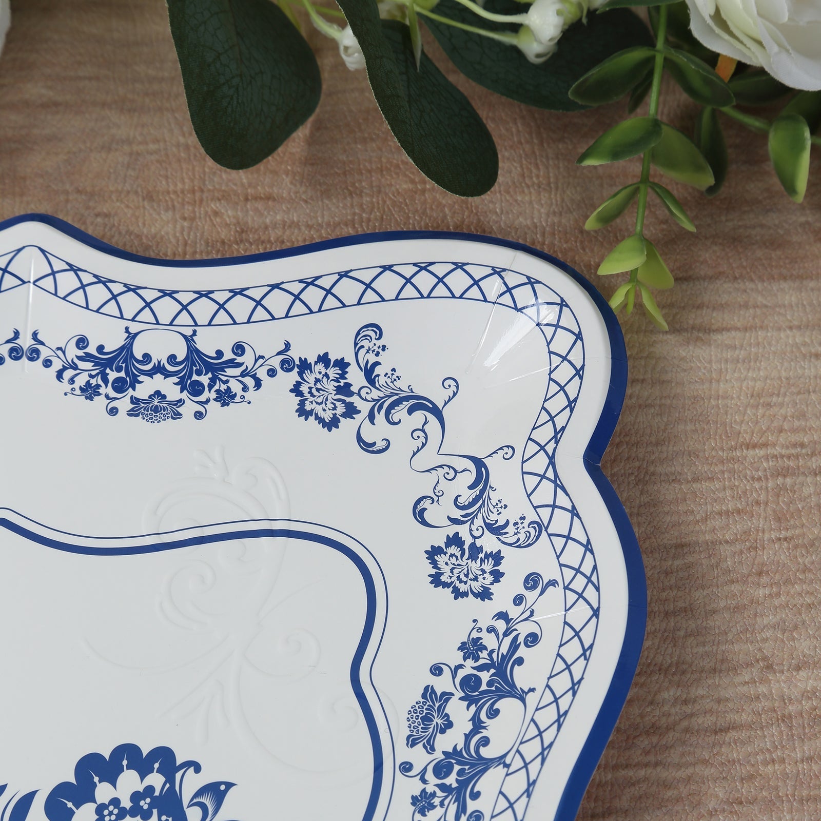 10-Pack Paper 14"x10" Rectangle Serving Trays White Royal Blue Damask Floral Pattern for Weddings & Parties