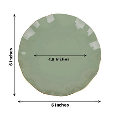 10-Pack Plastic Round 6" Dessert Plates in Dusty Sage Green Ruffled Rim with Gold Edging - Sturdy Disposable Salad Appetizer Dinnerware