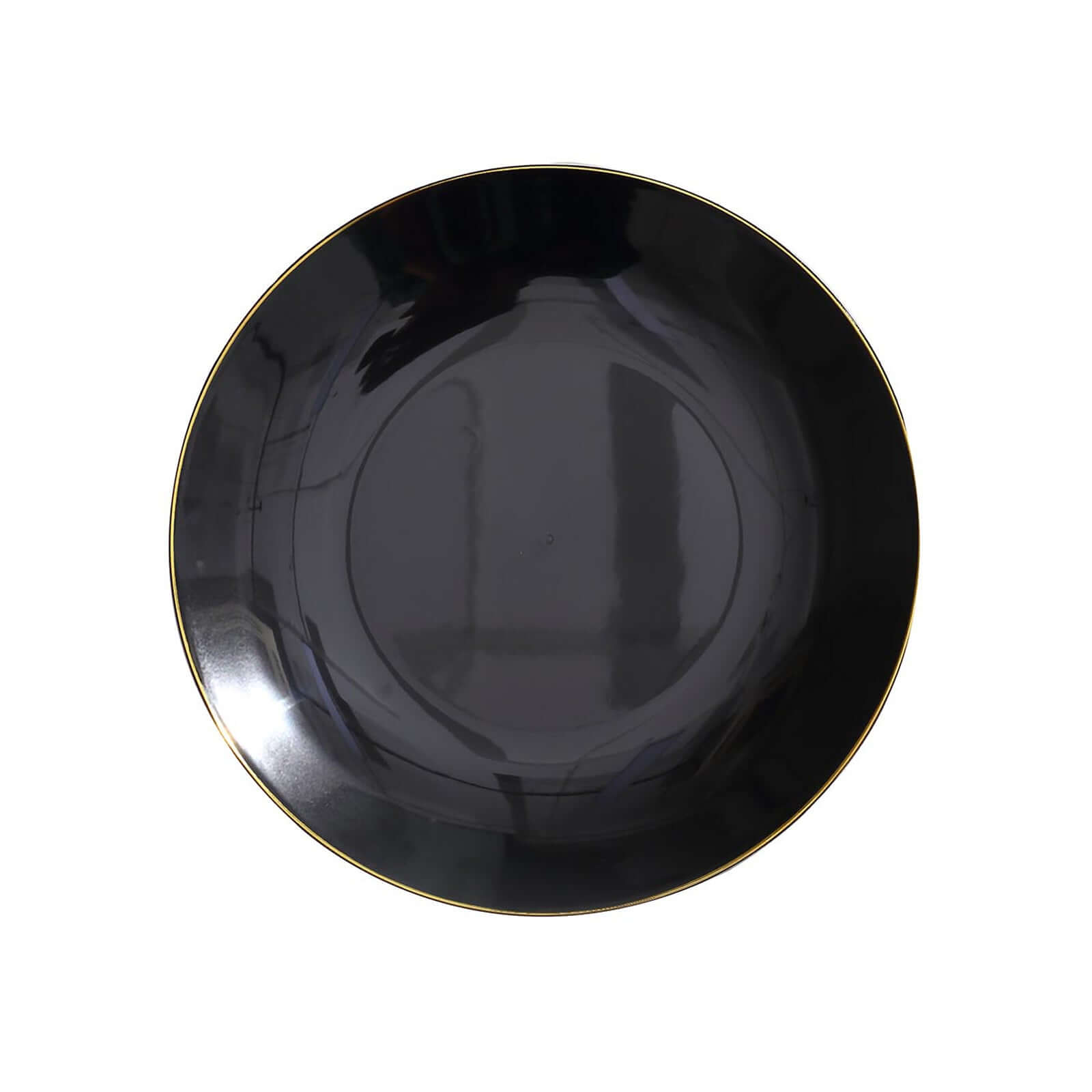 10-Pack Plastic 8" Round Dessert Plates in Black with Gold Rim - Glossy Disposable Appetizer Salad Plates