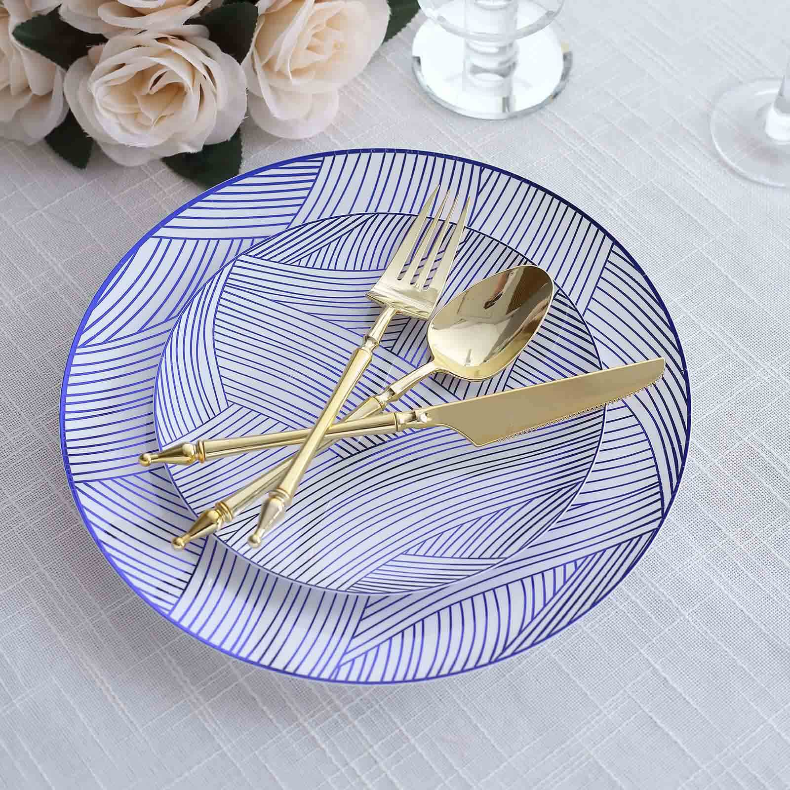 10-Pack Plastic 7" Round Dessert Plates in White with Blue Wave Brush Strokes Pattern - Disposable Appetizer Salad Plates