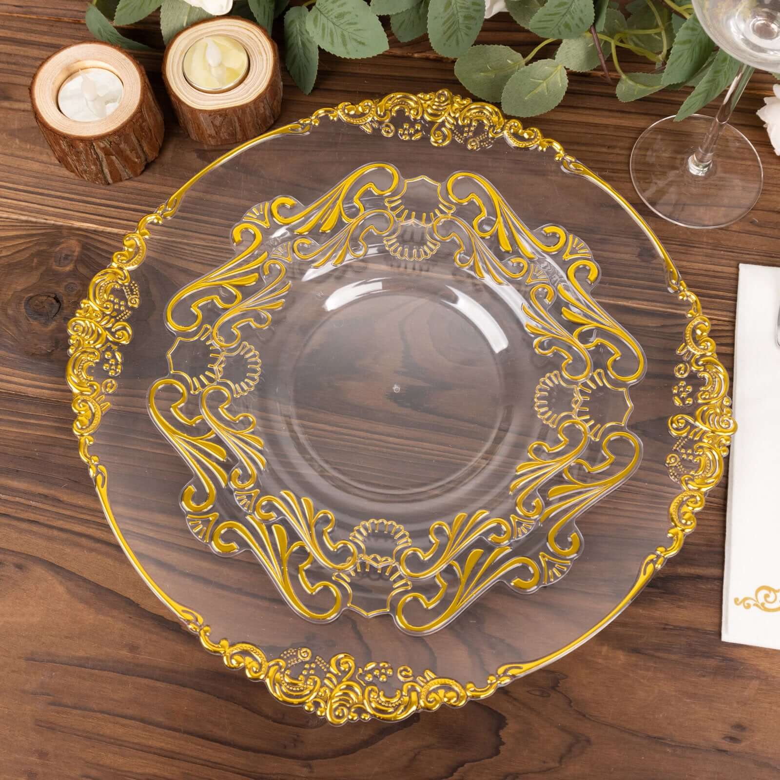 10-Pack Plastic 8" Round Dessert Plates in Clear with Gold Vintage Baroque Scalloped Rim - European Style Disposable Salad Appetizer Plates