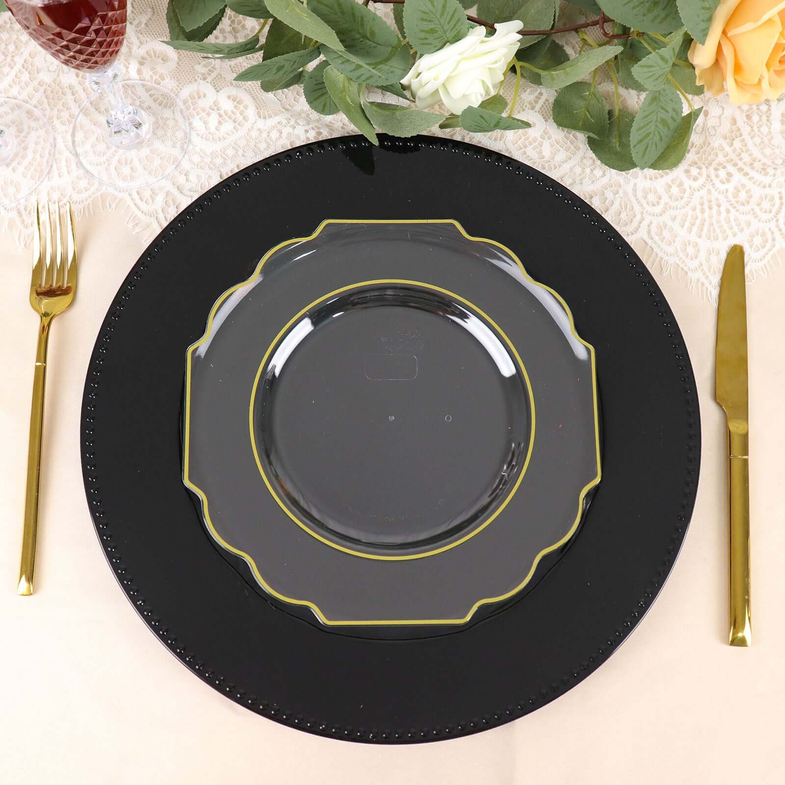 10-Pack Plastic Dessert Appetizer Plates in Clear Baroque Design with Scalloped Gold Rim - Heavy Duty Disposable Salad Plates 8"