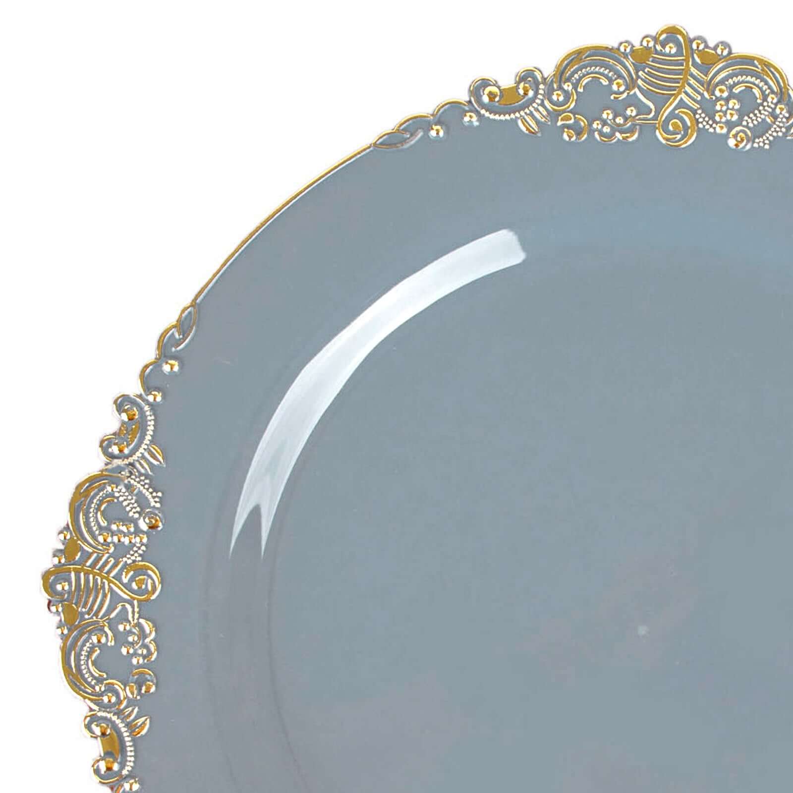 10-Pack Plastic 10" Round Dinner Plates in Dusty Blue with Gold Leaf Embossed Rim - Disposable Vintage Baroque Style Plates