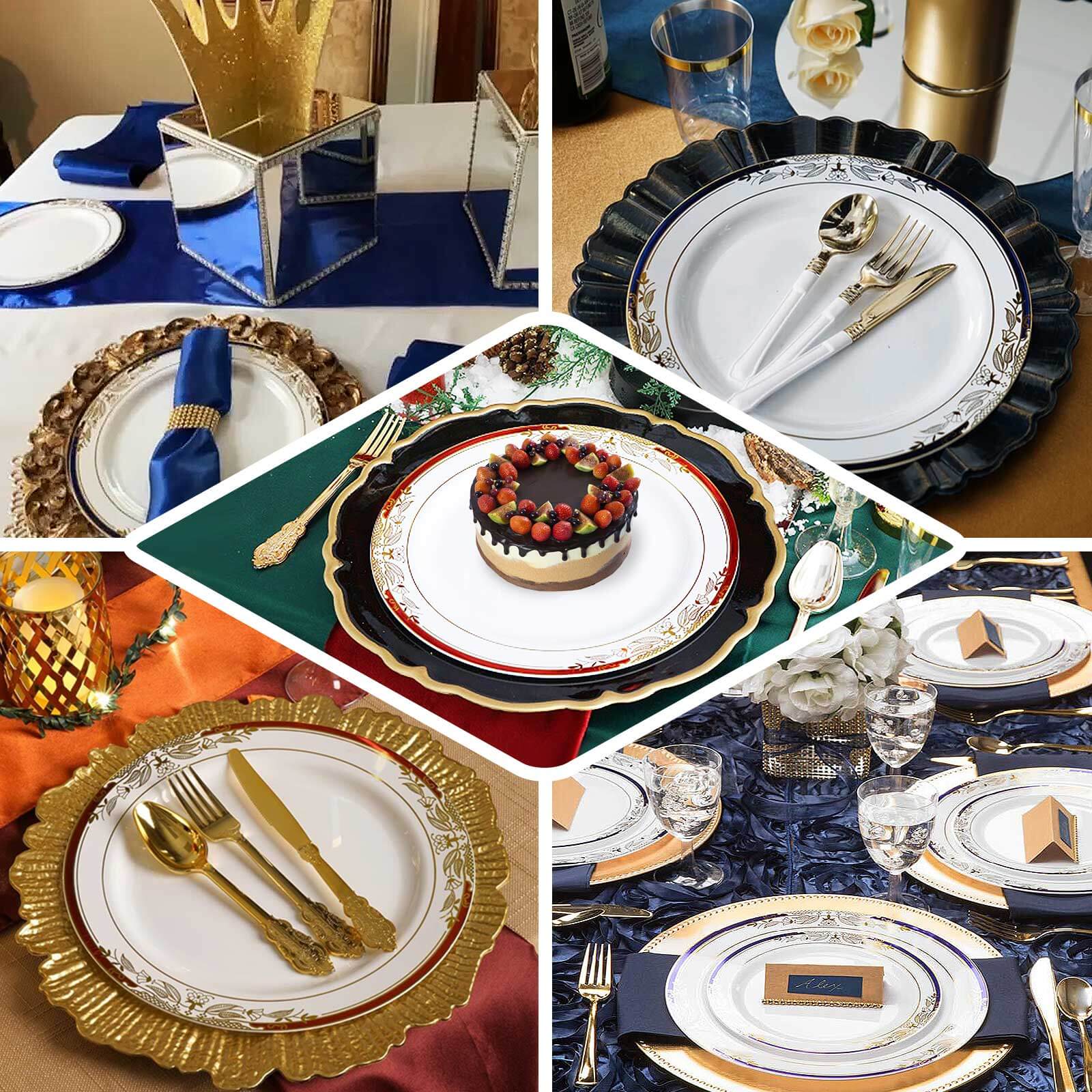 10-Pack Plastic 10" Round Dinner Plates in White with Hunter Emerald Green Rim for Events