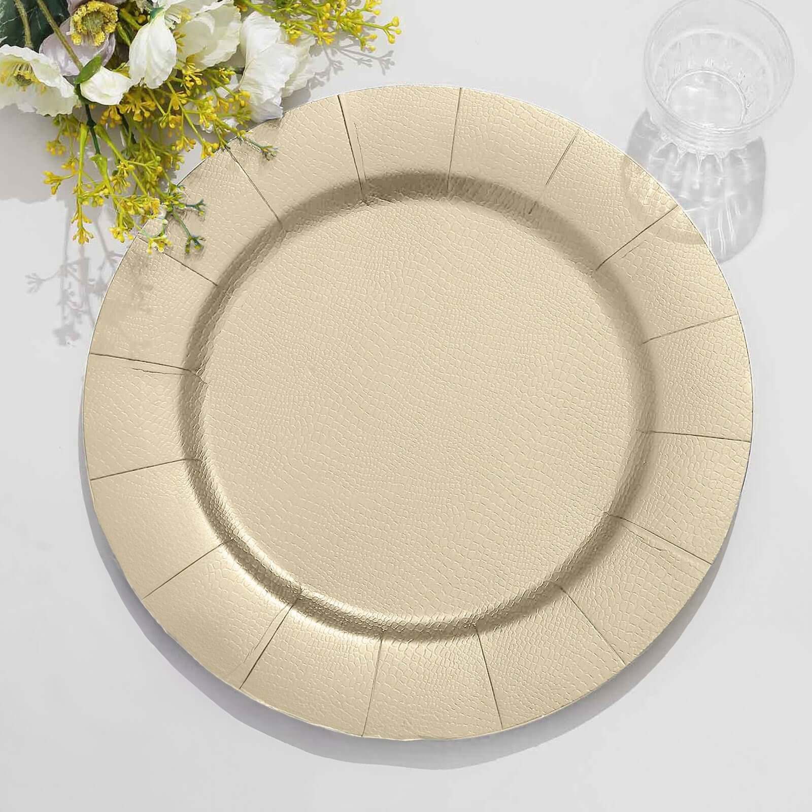 10-Pack Disposable Round Charger Plates in Champagne with Leathery Texture - Durable 1100GSM Cardboard Placemats 13"