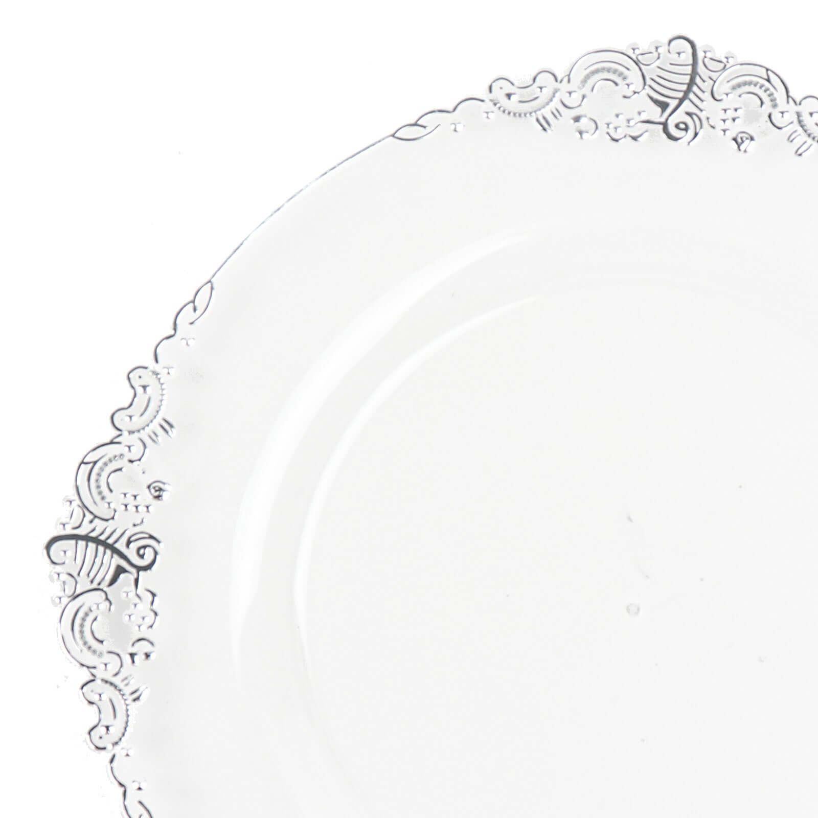 10-Pack Plastic 10" Round Dinner Plates in Clear with Silver Leaf Embossed Rim - Disposable Vintage Baroque Style Plates