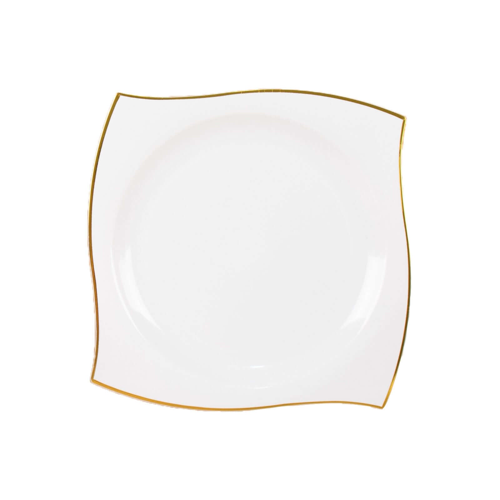 10-Pack Plastic 8" Square Dessert Plates in White with Gold Wavy Rim Modern - Disposable Salad Appetizer Party Plates for Luxe Events & Banquets