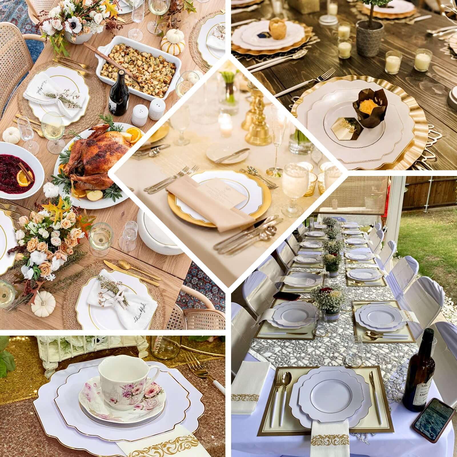 10-Pack Plastic Dessert Appetizer Plates in Taupe Baroque Design with Scalloped Gold Rim - Heavy Duty Disposable Salad Plates 8"