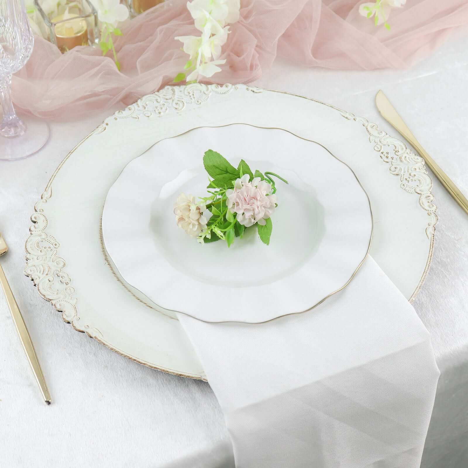 10-Pack Plastic 9" Round Dinner Plates in White Ruffled Rim with Gold Edging - Sturdy Disposable Dinnerware for Classy Events & Banquets