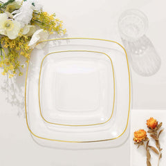 10-Pack Plastic 10" Square Dinner Plates in Clear with Gold Rim - Classy Disposable Lunch Party Plates