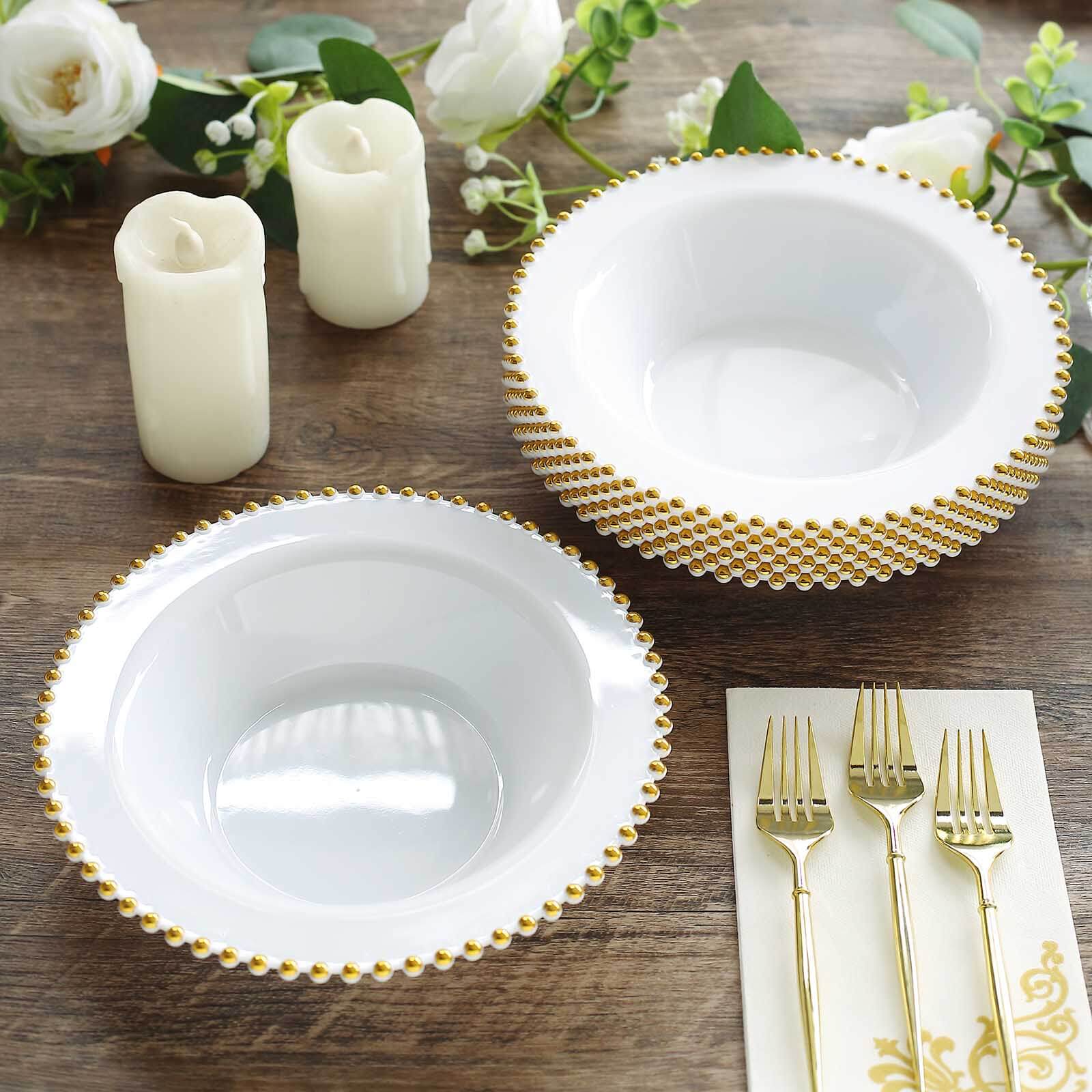 10-Pack Plastic Dessert Salad Bowls White Round Design with Gold Beaded Rim - Disposable Soup Bowls 12oz